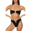 Women Sexy 2Pcs Bikini Set U-Shaped Metal Wire Push Up Swimsuit Strapless Bandeau Tube Top and Thong Solid Color Bathing Suit 210712