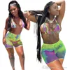 Designer Kvinnor Baddräkt 3 Piece Byxor Set Beachwear Sexiga Kvinnors Beach Crop Top Tight Shorts Suit Mesh Tie Dye Bikini TrackSuits