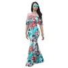 Kvinnor Floral Print Slash Neck Ruffles Sexiga Klänningar Strand Wear Boho Maxi Mermaid Korta Ärmar Mjuka Lång Klänning Beachwear Vestidos 210520