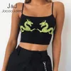 Jogoo Jolee Sexy Black Spaghetti Strap Backless Colheita Top Mulheres Cropped Dragão Impressão Cami Feminino Tops Tank Streetwear 210518