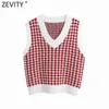 Frauen Vintage V-ausschnitt Houndstooth Print Weste Pullover Weibliche Herbst Ärmellose Patchwork Casual Pullover Chic Tops S527 210416