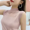 Scava fuori senza maniche T-shirt lavorate a maglia collo alto Pizzo nero Sexy Lady Vest Camicie Rosa Allentato Estate sottile maglia ops 210623