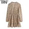 Women Chic Fashion Leopard Print Ruffled Mini Dress Vintage Long Sleeve Elastic Waist Female Dresses Vestidos 210507