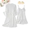 Kvinnors Sleepwear Casual Women Nightwear Satin Patchwork Nightyrob Suit Faux Silk Kimono Gown Sexig Underkläder med Lace Nightgown