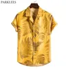Желтый мужской гавайской пляжной рубашкой бренд с коротким рукавом листья мода печати тропические рубашки алохи праздник vactionicse 210522