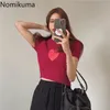 Nomikuma Korean Slim Fit T Shirts Women O Neck Short Sleeve Crop Tops Love Heart Pattern Sweet Tshirt Female Chic Camisetas 210514