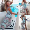 Женское платье шифон Boho цветочный принт длинным пляжем без рукавов V-образным вырезом Высокая талия вечерняя вечеринка летняя мода Split Sundress 210522