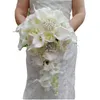 Cascading Bridal Bouquets Wedding Flowers with Artificial Pearls and Rhinestone White Calla Lilies Red Rose De Mariage Decoration 2254