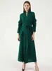 Miyake Pleated Long Petal Sleeve Dress Lapel Cardigan Sashes Plus Size High Long Green Dress Winter Women Aesthetic Clothes 211110