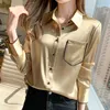 Korean Vintage Fashion Chiffon Pocket Tops Ladies Elegant Satin Silk Shirt Long Sleeve Professional Blouse Women 12804 210415
