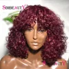 Bob Wig Borgogna Rosso 200 Densità Jerry Bouncy Curly Glueless Parrucche fatte a macchina con frangia Frangia di capelli umani Remy peruviana