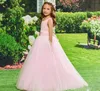 Coming Simple Design Pink Tulle Flower Girl Dress with Ribbon Keyhole Back Ankle Lenght Girls Pageant Gowns Sleeveless
