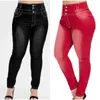 Plus Size Button Up High Waist Skinny Pencil Denim Pants Women Spring Korean Style Stretch Bodycon Red Long Trousers Mom Jeans 210708