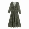 polka dot höst vinter lång klänning kvinnor v nacke maxi chiffong klänning elegant damer grön vintage klänning vestidos 210415