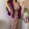 Vintage Puff Sleeve Print Sommer Kleider Frauen Quadrat Kragen Elegante Lange Weibliche Koreanische Floral Robe Femme 13882 210427
