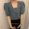 Femmes Blouses Manches Bouffantes Vintage Court Sexy Denim Sqaure Cou Blusas Mujer Coréen Lâche Chemises Tops 210415