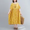 Johnature Women Yellow Drukuj Kwiatowe sukienki O-Neck Połowa Rękaw Wysokiej Talii Szaty Jesień Bawełniana Mieszanka Koreański Styl Dress 210521