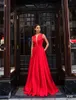 Elegante mode prom jurk mouwloze rode lange kant mouwloze v-hals avondjurk