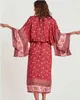 Bohemia V neck Red Floral Print Long Kimono Shirt BOHO Ethnic Lacing up Bow sleeve Cardigan Holiday Blouse Loose 210429