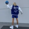 ニュートラルブルーバーシティボンバージャケットマンコントラストスリーブPUレザーコート刺繍エムードロンドンロンドン野球ジャケット女性211025