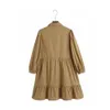 Elegant Women Single Breastedd Turn-down Collar Dress Za Summer Vintage Empire Elastic Waist Mini Dress Long Sleeve Vestidos 210521