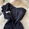Sexy una spalla sottile vestito aderente nero senza maniche estate donna elegante sera del partito abiti da mujer 210603