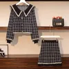 Höst vinter outfits koreanska vintage plaid stickade två stycken för kvinnor tröja cardigan topp + mini bodycon kjol 2 210514