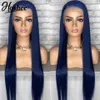 Perucas frontais retas para mulheres negras Cor cinza/azul escuro Transparente Feito à máquina no Brasil Simulação Peruca sintética de cabelo humano