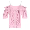 Elegante kräuselte Chiffon-Bluse außerhalb der Schulter-Tops weiblicher Sommer Kurzarm Sexy Slash-Nackenlaterne Strickjacke 10175 210508