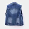 플러스 사이즈 민소매 여성 조끼 여름 데님 양복 조끼 패션 캐주얼 짧은 청바지 재킷 파란색 구멍 슬림 코트 220106