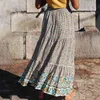 Boheemse bloemenprint lange rok vrouwen zomer strand maxi boho rok hoge taille ruche elastische a-lijn rokken vintage bloem 210415