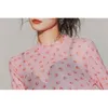 メッシュクロップトップロングスリーブTシャツ女性夏ピンクプリントTシャツカジュアル透明ティー韓国服210427