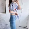 Summer VUWWYV Sky Blue Print Crop Top Women Chic Casual Front Knot Shirts Woman Short Turn Up Sleeve Streetwear Tunic 210430