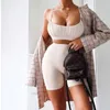 Newasia Ruched Two Piece Set Double Layers Crop Tops Biker Shorts 2 Piece Set Women Elastic Matching Sets ActiveWear Outfits 202 Y0702