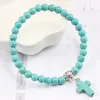Natural Turquoises Matte Black Stone Beads Strand Bracelets for Women Men Jesus Cross Charms Beaded Bracelet Jewelry Accessories