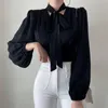 Minimalistyczny Koreański Chic Elegance Wszystkie Dopasuj Kobiety OL Krótkie Kobiece Wysokiej Jakości Streetwear Solidne seksowne koszulki z szalikiem 210525