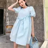 Ins Yaz Mavi Puf Kol O-Boyun Mini Elbise Kadın Kore Tatlı Bornoz Balo Peri Parti Streetwear Giysileri 210514