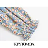 Kyotomoa Kvinnor Mode Blommig Print Wrap Beskuren Blusar Puff Sleeve Side Bow Bundet Kvinnliga Skjortor Blusas Chic Toppar 210420