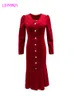 French style retro red corduroy dress for women autumn winter knitting Cotton Office Lady Sheath 210416