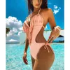 Derin Dalma V Boyun Saçak Cut Out Mayo Trikini Kadınlar Seksi Halter Backless Püskül Mayo Banyo Takım Monokini 210712