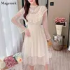 Vintage Elegant Kvinnor Klänning Sommar Söt Långärmad Mesh Vit Lace A-Line Midi Es Kvinna Vestidos 12030 210512