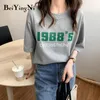 Cotton Women Tshirt Short Sleeve High Street Letters Printed Loose Oversized T-shirts Female White Gray Harajuku Tops 210506