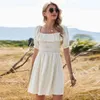 Spring Fit and Flare Slash Neck White Solid Draped Ruffle Casual Women's Dress 210524