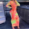 Femmes Robe Longue Élégant Tie Dye Automne Col Montant Plissé Sexy Moulante Maxi Skinny Party Club Survêtement Robe Longue 210513