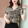 Camicia da donna Camicette leopardate vintage per donna Camicetta con scollo a V garza manica corta Top donna estate donna Basic 210604