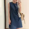 Koreansk stil bomull linne midi kjolar Casual sexy plus storlek knä längd klänning kvinnor o neck solid sommar vestidos 9864 210508