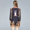 Fashion Designer Two Pieces Set Female Lace Sleeve Patchwork Queen Print Shirt Top + High Waist Shorts Suits Women's Sets 210416