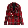 Tweed Red Plaid Women Jacket Blazers Vintage Jackor Kvinna Patchwork Lapel Blazer Coats Chic Outfit Kläder 210430