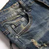 レトロストレッチスリムメンズジーンズファッションデザイナーリッピング穴デニムパンツ男性刺繍五芒星ズボンパンタロンオムを注ぐ