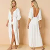 Bikini cover-ups vit bomull tunika kimono cardigan sexig ihålig ut sommar klänning kvinnor strand slitage baddräkt täcker upp
